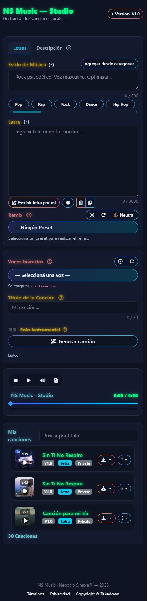 Pantalla de NS Music — Studio con IA y reproductor integrado