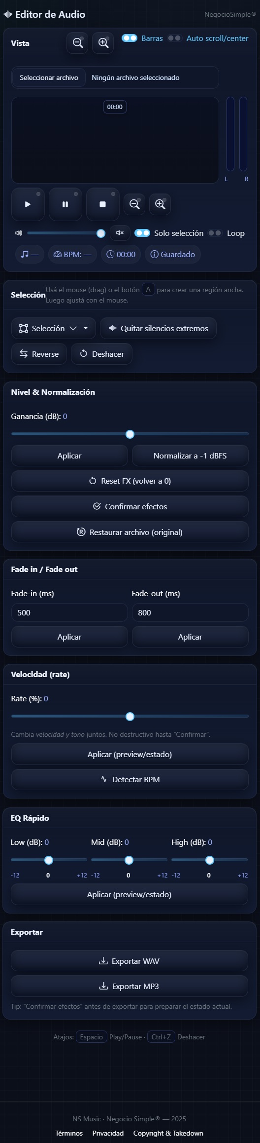 Vista del Editor de Audio de NS Music