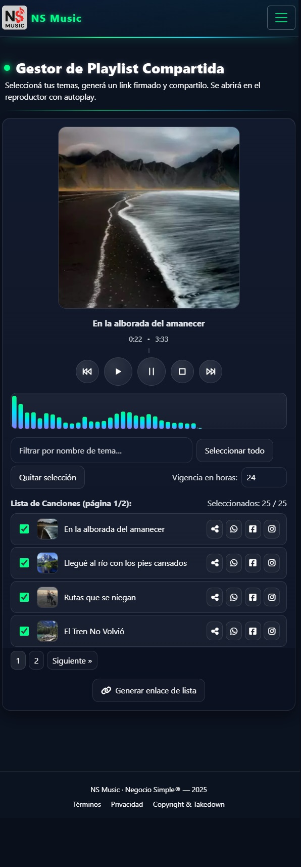 Guía del Gestor de Playlist Compartida en NS Music